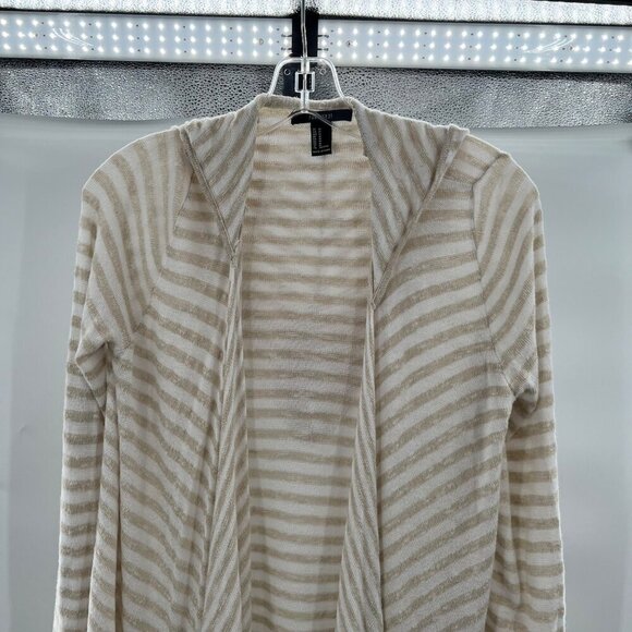 Forever 21 Open Front Waterfall Long Sleeve Hooded Cardigan Beige/White Stripe M - Picture 2 of 11